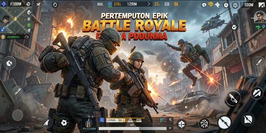 Tampilan gameplay seru F200M dalam pertempuran Battle Royale.