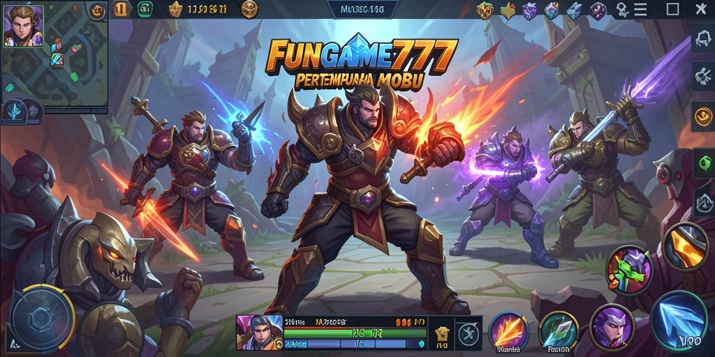 Tangkapan layar utama FUNGAME777 menampilkan aksi seru dalam pertempuran MOBA.