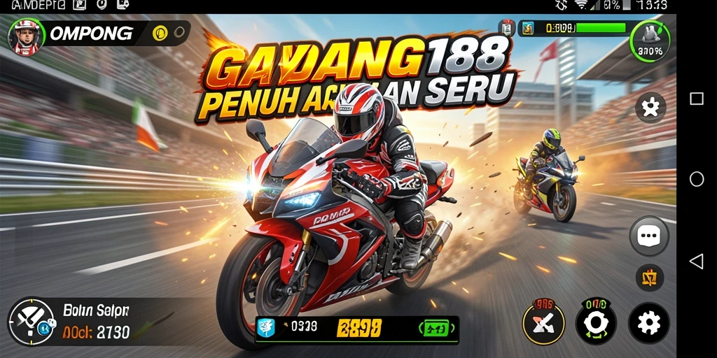 Screenshot menampilkan balapan seru di OMPONG188 dengan motor dan trek yang menantang.