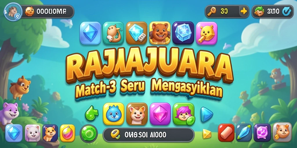 Screenshot menunjukkan gameplay seru dari RAJAJUARA dengan aksi Match-3 yang menarik.