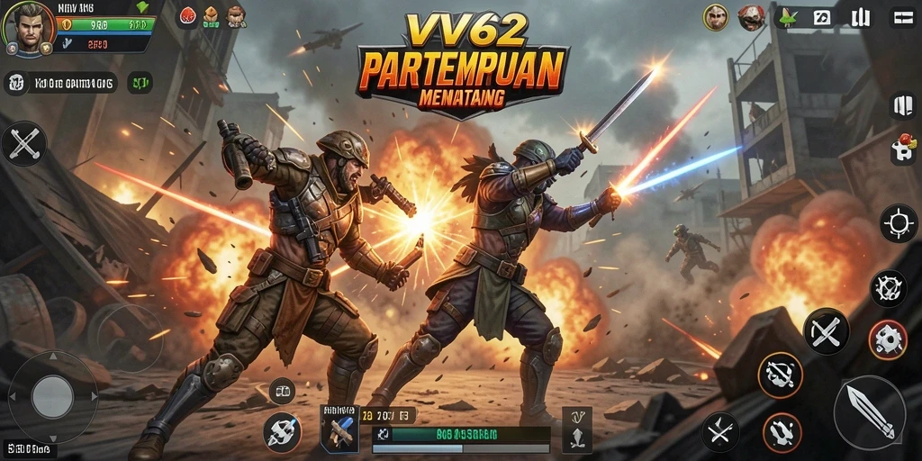 Tangkapan layar utama VV62 menampilkan aksi pertempuran yang mendebarkan.